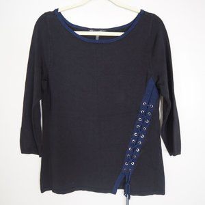 White House Black Market Black and Navy Tie-Front Sweater Size M